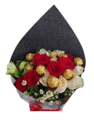 Bouquet de 12 rosas variadas con chocolates