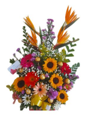 Arreglo de 12 flores variadas con chocolates