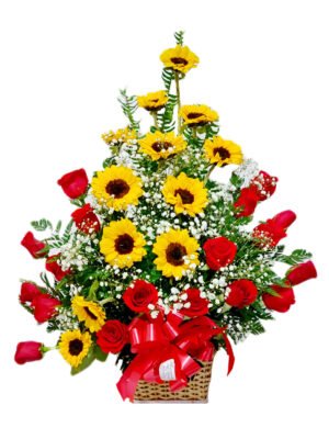 Arreglo de 24 rosas rojas y girasoles