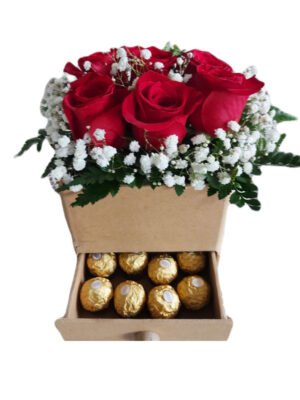 Chocolatera de 6 rosas rojas y chocolates