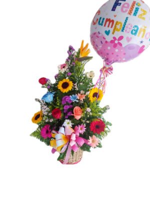 Arreglo de 12 flores variadas con globo