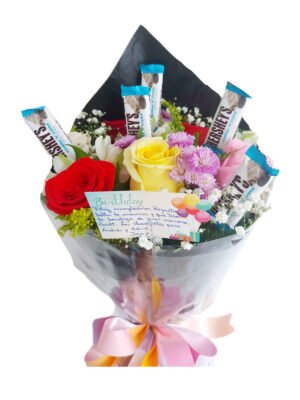 Bouquet de 6 rosas variadas con chocolates