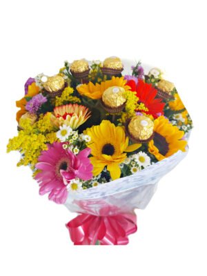 Bouquet de 12 gerberas y girasoles con chocolates