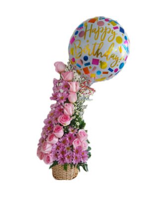 Arreglo de 15 rosas rosadas con globo