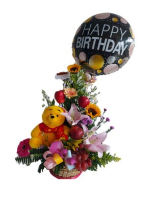 Arreglo de 6 flores variadas con frutas, peluche y globo