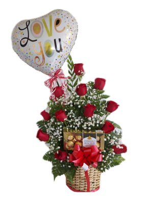 Arreglo de 12 rosas rojas con globo y chocolates