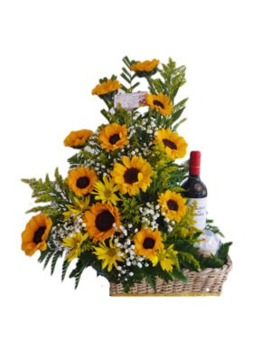 Arreglo de 12 girasoles con vino