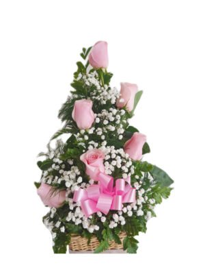 Arreglo de 6 rosas rosadas con globo de nacimiento