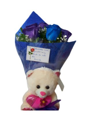 Bouquet de 6 rosas azules con peluche y globo de nacimiento