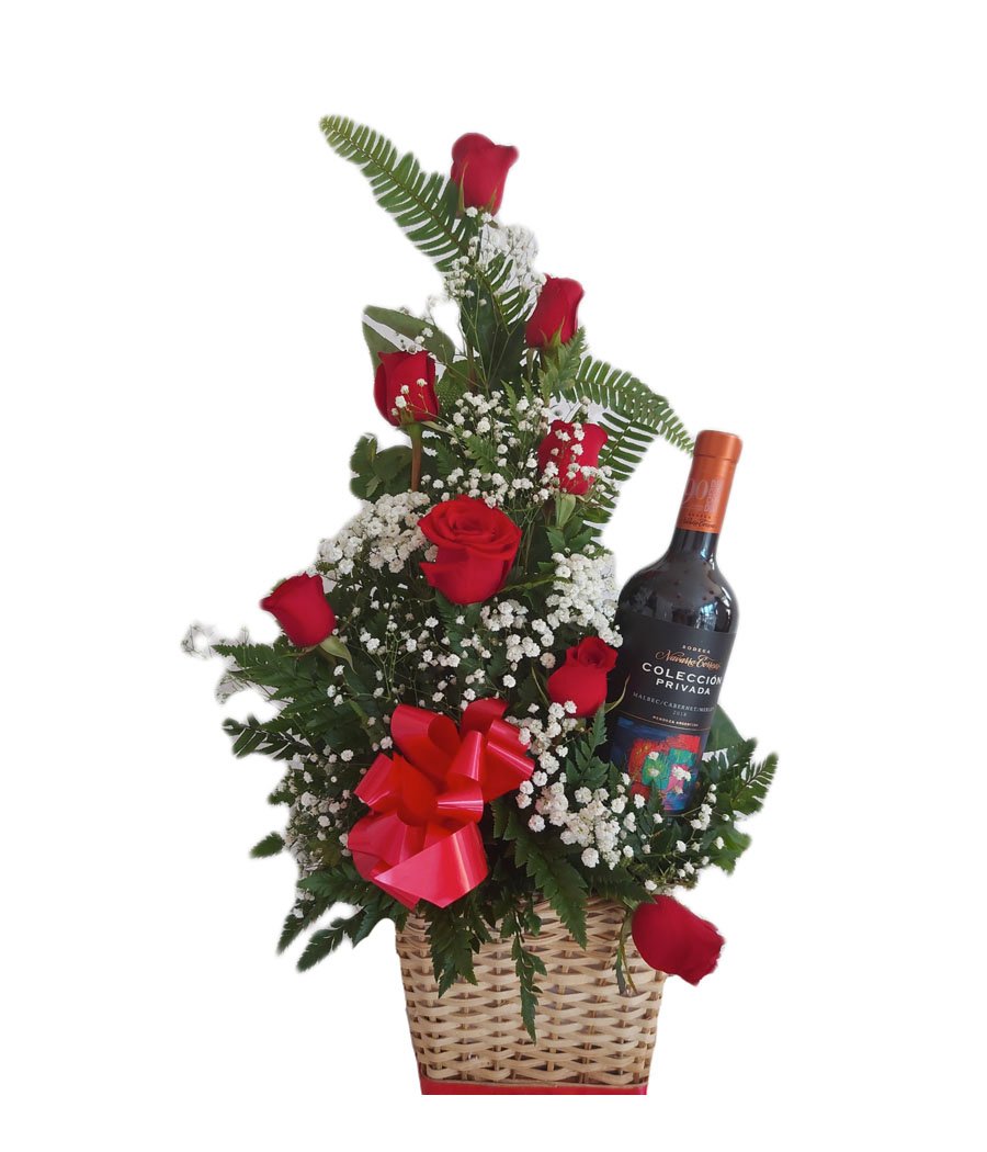 Arreglo de 12 rosas rojas con botella de vino | Floristeria Mil Flores